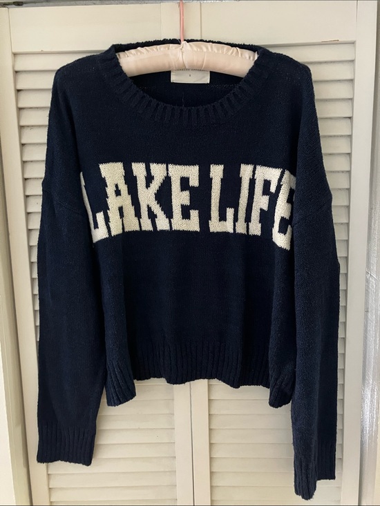 Panache Sweaters - Panache Apparel Lake Life Navy Blue Statement Sweater Size Small